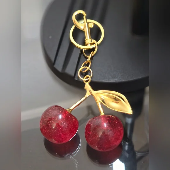 Cherry Bag charm/ Keychain with Gold Accents And Gold Leaf - Picture 1 of 3